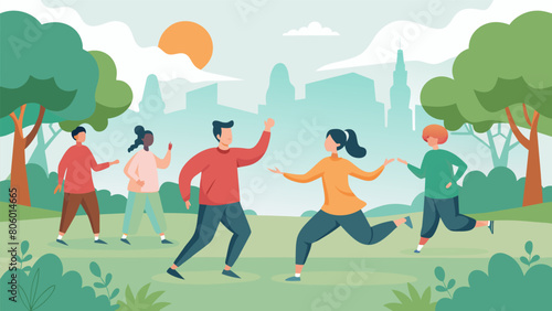 A misty morning in the park as a group of friends gather to harmonize their spirits and bodies through the practice of Qi Gong.. Vector illustration
