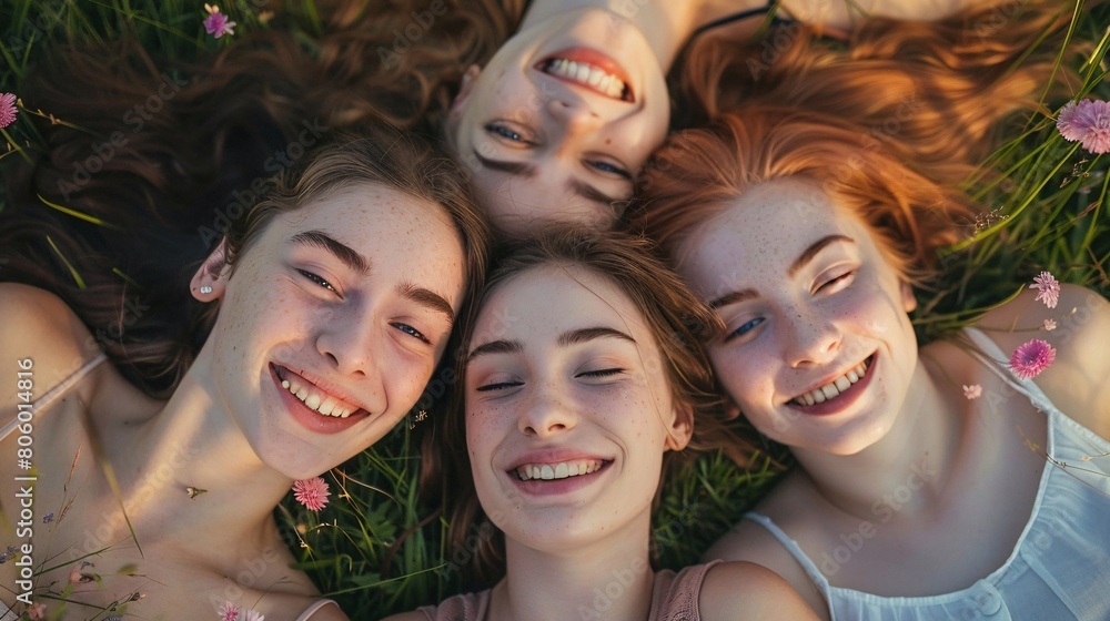 Four girls are laying on the grass, smiling and laughing