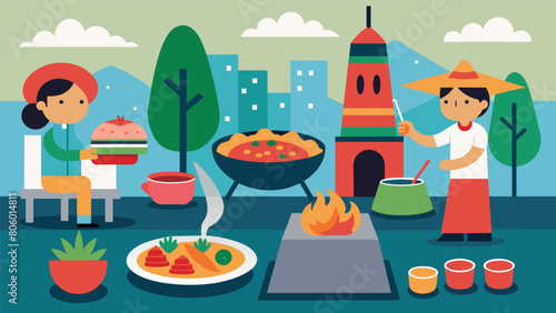 The aroma of sizzling street food entices visitors to sample dishes from a variety of cultures from y Mexican tacos to juicy Korean barbecue.. Vector illustration