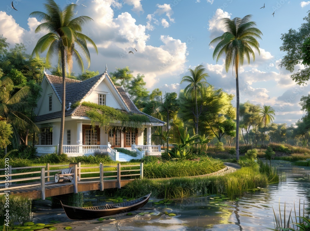 house with a white fence and a rowboat in front, palm trees, a grassy yard, and a wooden bridge over a canal leading to the home in the style of Monet