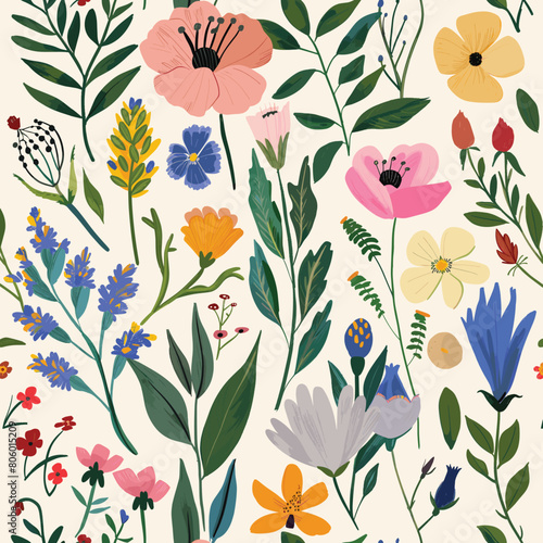 Floral pattern diverse flowers leaves vintage style. Botanical wallpaper garden plants colorful flora. Nature inspired fabric design pastel hues botanical diversity
