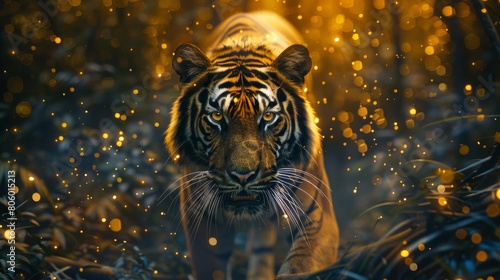A fierce tiger emerges from the darkness, its eyes glowing with intensity. The background is a blur of golden light.