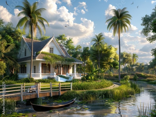 house with a white fence and a rowboat in front  palm trees  a grassy yard  and a wooden bridge over a canal leading to the home in the style of Monet