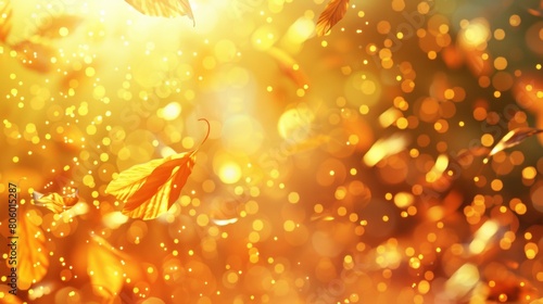 Abstract background with golden leaves and bokeh lights  shiny and glowing effect. Abstract background with yellow leafs flying in the air and golden glow.