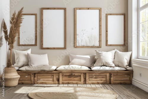 Elegant Walnut Wooden Frame Mockup in Modern Room photo