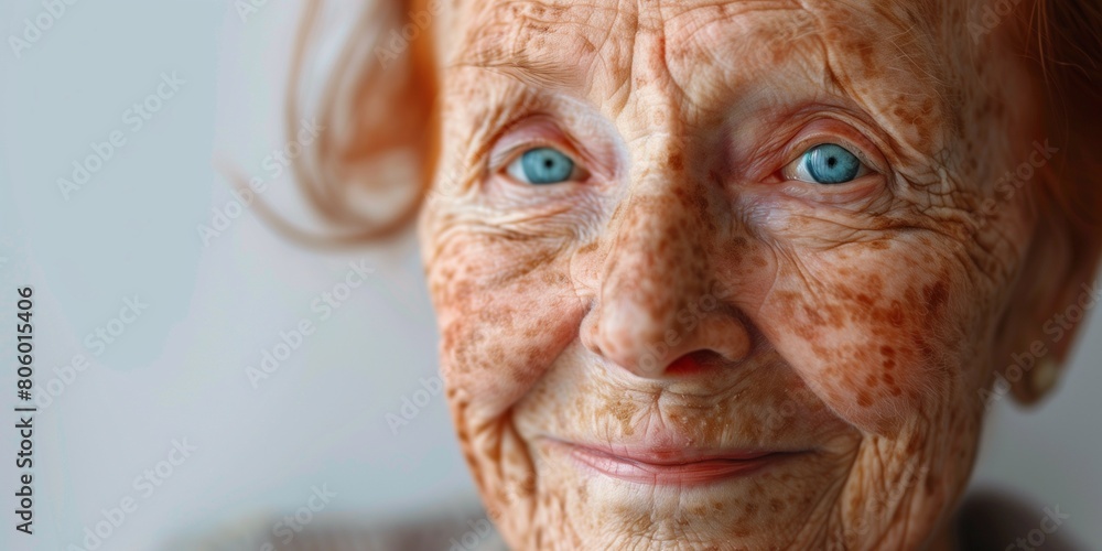 close up of an elderly woman with freckles redhead and green eyes with wrinkles close up of an elderly woman with freckles redhead and green eyes with wrinkles