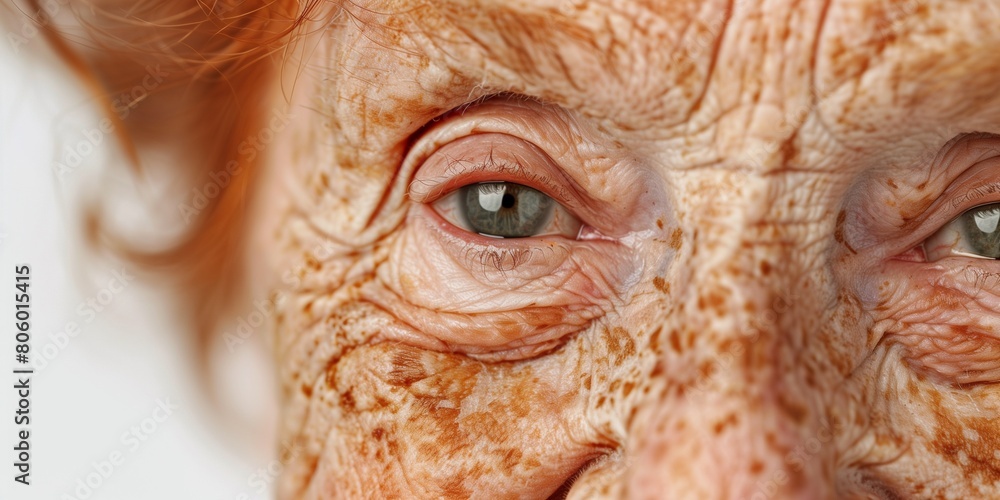 close up of an elderly woman with freckles redhead and green eyes with wrinkles close up of an elderly woman with freckles redhead and green eyes with wrinkles