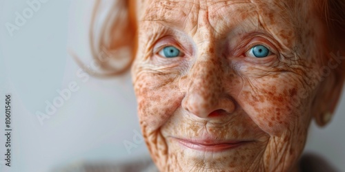 close up of an elderly woman with freckles redhead and green eyes with wrinkles photo