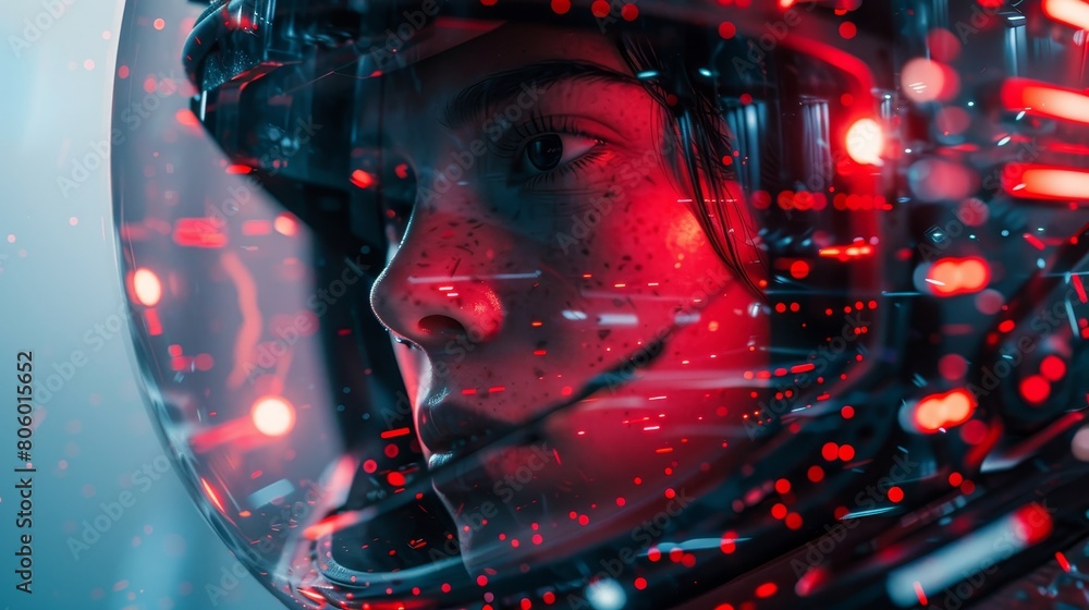 The astronaut is wearing a red spacesuit with a clear helmet. The background is a red and blue nebula. The astronaut is wearing a red spacesuit with a clear helmet. The background is a red and blue nebula.