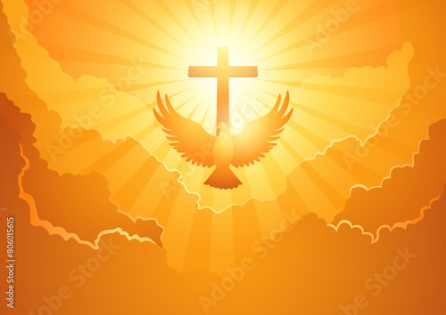 Divine symbolism for Pentecost or Ascension Day, a majestic dove spreads its wings against a dramatic backdrop of a cross and cloudscape, themes of spiritual ascension and divine presence