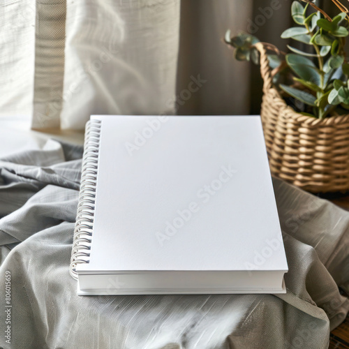 Notebook cover mockup, Mock up with white closed notebook on table in modern decorative interior