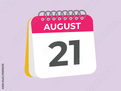August 21 calendar reminder. 21 August daily calendar icon template. Calendar 21 August icon Design template. Vector illustration
