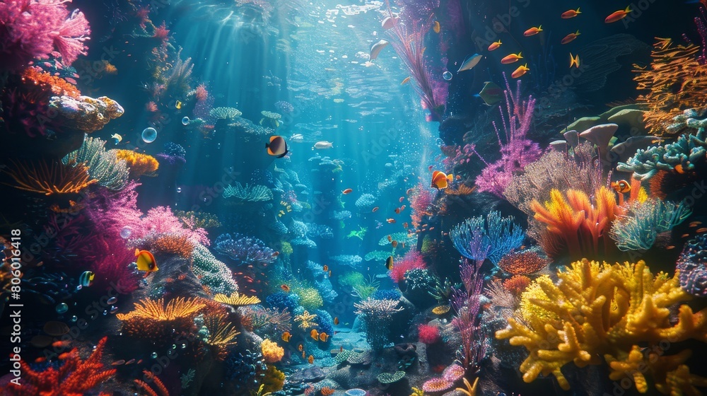 Underwater scene with various species of fish swimming around a coral reef.