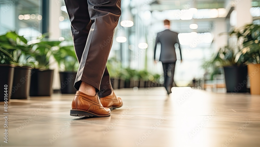 Elegant Footwear: Man Walks Gracefully in Brown Shoes and Pants Across the Room Elegant Footwear: Man Walks Gracefully in Brown Shoes and Pants Across the Room