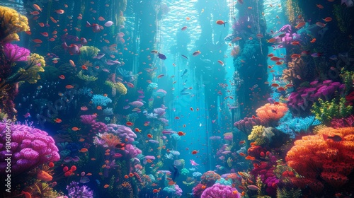 Underwater world with many tropical fish and corals.