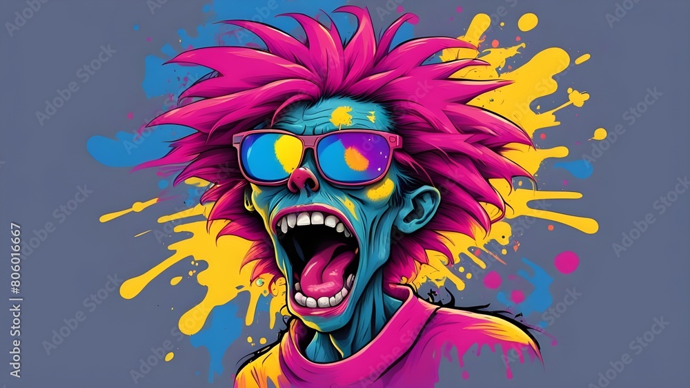 minimalist crazy cartoon zombie wearing sunglasses, bold colorful illustration, abstract modern, trendy, street art,