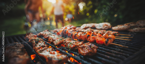 A group of people are cooking food on a grill, with a variety of meats