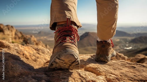 Footsteps of climbers wearing shoes walking over a rocky mountain landscape and a beautiful sunset view in the background. seen from behind