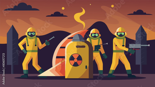 Soldiers in gas masks and protective suits securing the perimeter of a doomsday device ensuring no one gets too close..