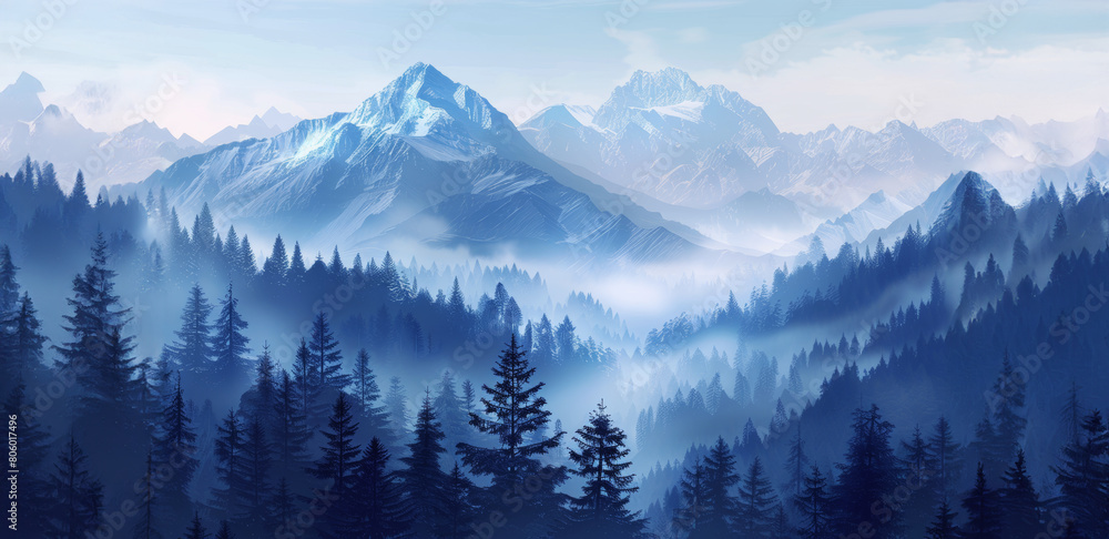 A mountain range covered in trees and fog
