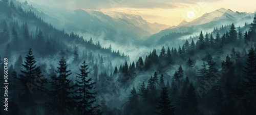 A misty forest with a mountain range in the background