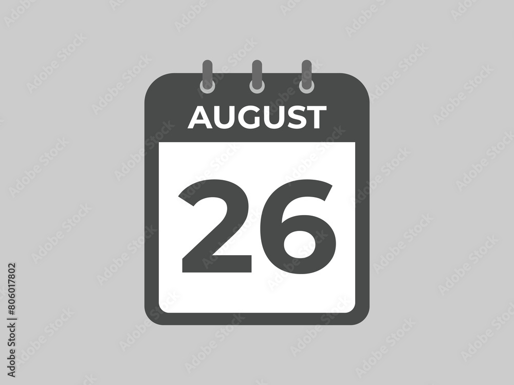 August 26 calendar reminder. 26 August daily calendar icon template. Calendar 26 August icon Design template. Vector illustration
August 26 calendar reminder. 26 August daily calendar icon template. Calendar 26 August icon Design template. Vector illustration
