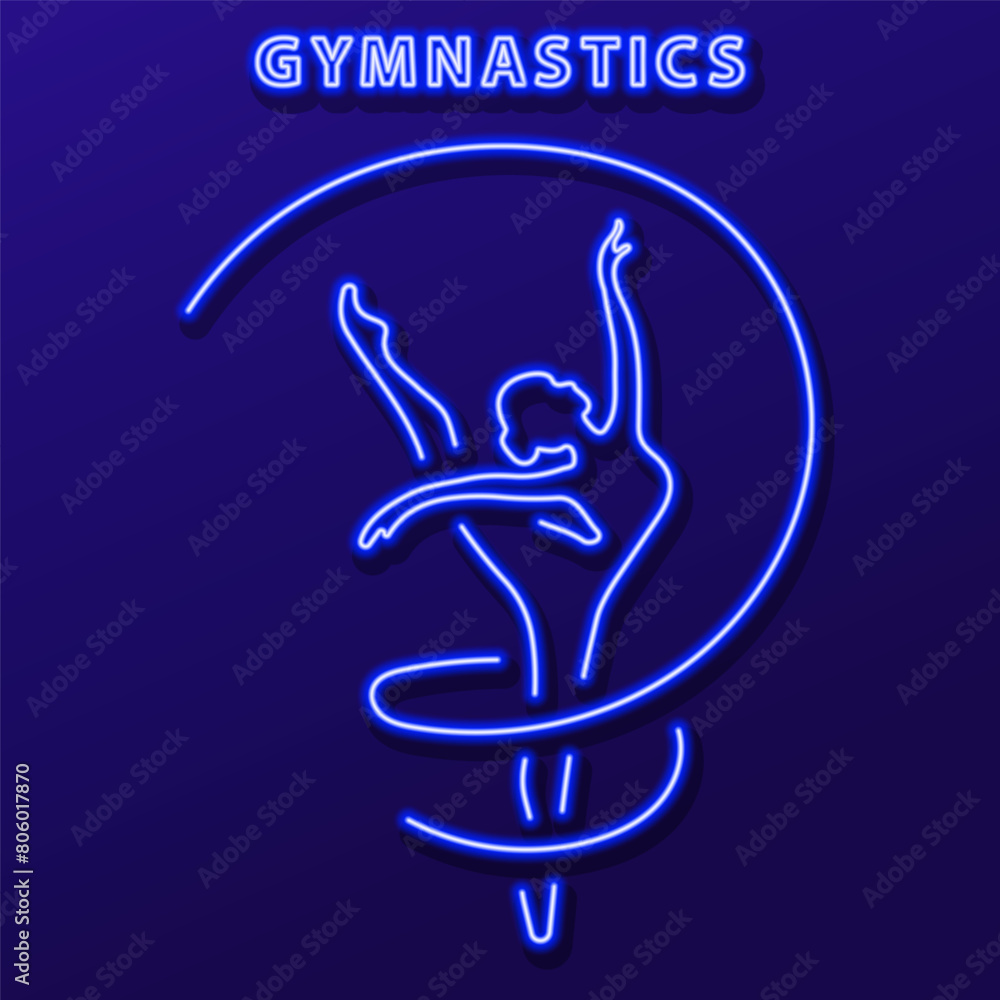 gymnastics neon sign, modern glowing banner design, colorful modern design trend on black background. Vector illustration.