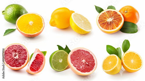 Different tasty cut citrus fruits on white background. SET OF FRUITS ORANGE LEMON GRAPEFRUIT LIME