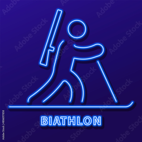 biathlon neon sign, modern glowing banner design, colorful modern design trend on black background. Vector illustration.
