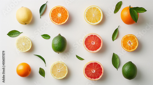 Citrus fruits pattern made of lemon, orange, grapefruit on white background. Flat lay, top view. Different citrus fruits on white background, flat lay