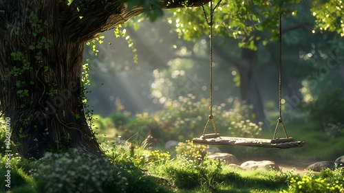  A wooden swing hanging from a sturdy oak tree in a tranquil forest. . 
 photo