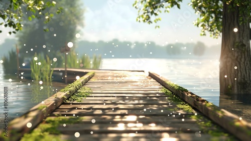  A wooden pier jutting out into a shimmering lake, perfect for fishing. . 
 photo