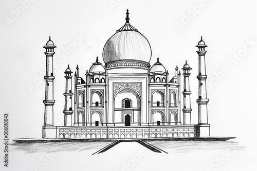 Black and white line drawing illustration of Taj Mahal, India. one of the seven wonders of the ancient world