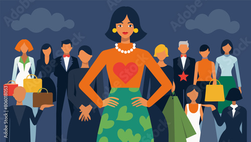 At a charity fundraiser a stylish guest reveals her outfit is entirely composed of designer consignment pieces earning admiration from the crowd for. Vector illustration