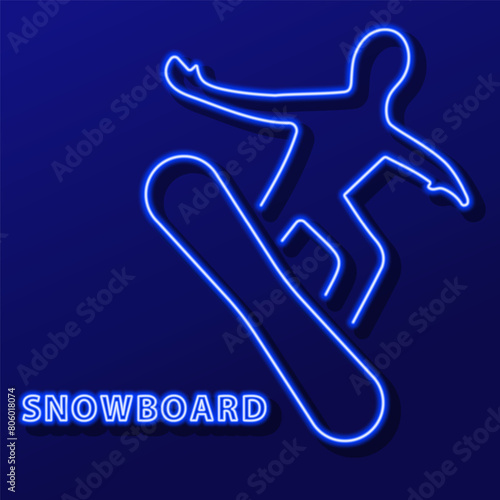 snowboard neon sign, modern glowing banner design, colorful modern design trend on black background. Vector illustration.