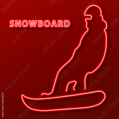 snowboard neon sign, modern glowing banner design, colorful modern design trend on black background. Vector illustration.