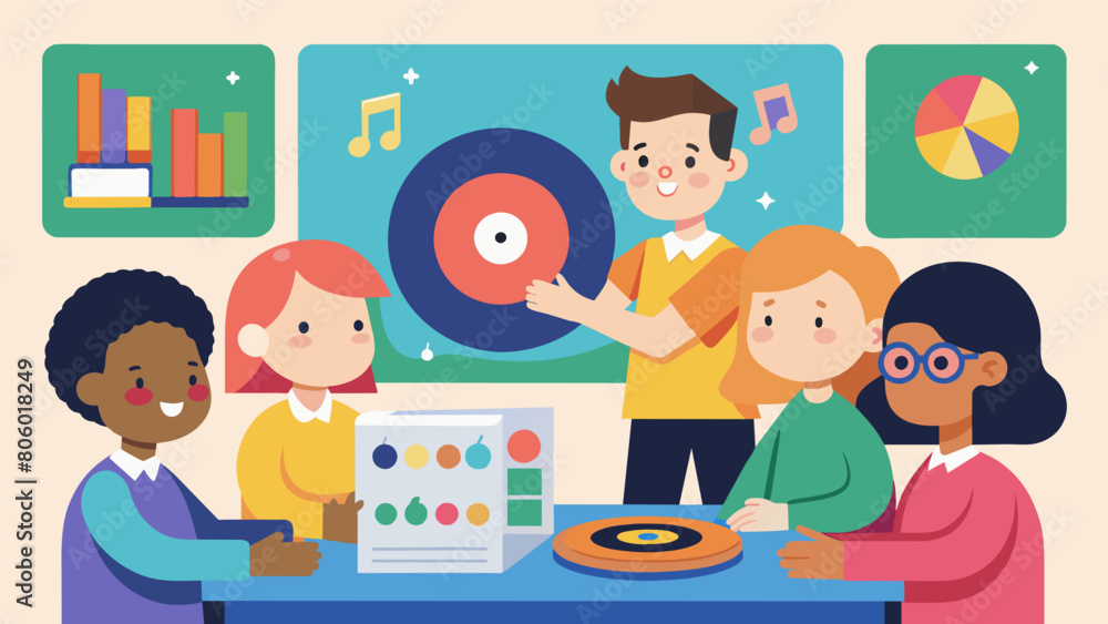 In the vinyl record education class for younger kids the instructor uses colorful images and handson activities to teach them about the science of Vector illustration In the vinyl record education class for younger kids the instructor uses colorful images and handson activities to teach them about the science of Vector illustration