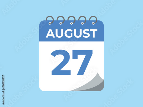 August 27 calendar reminder. 27 August daily calendar icon template. Calendar 27 August icon Design template. Vector illustration
