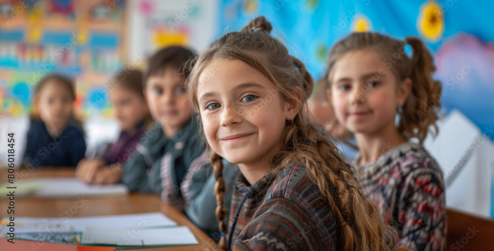 A group of children are sitting at a desk in a classroom A group of children are sitting at a desk in a classroom
