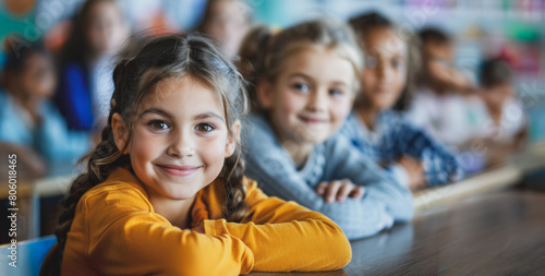 A group of young girls are sitting at a table in a classroom
