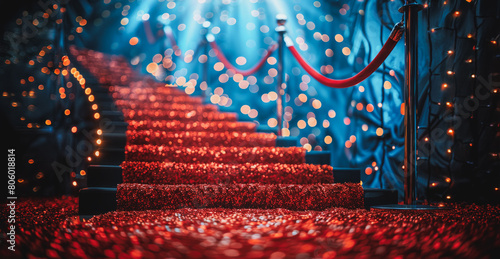 A red carpet with a red staircase leading up to it photo