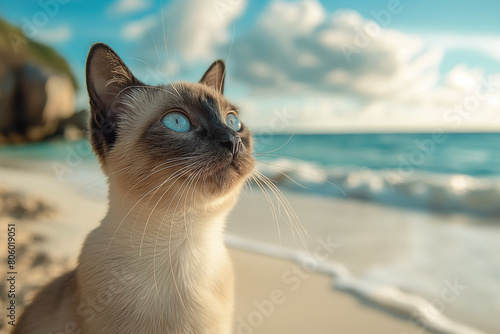 Siamese cat on the beach watching the landscape in a sunny day