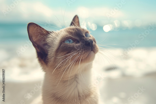 Siamese cat on the beach watching the landscape in a sunny day