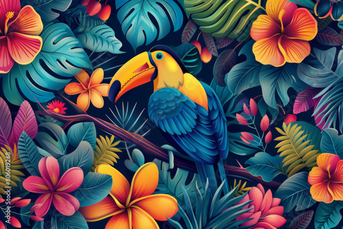 A colorful tropical scene with a blue and yellow bird perched on a branch © Mr. Stocker