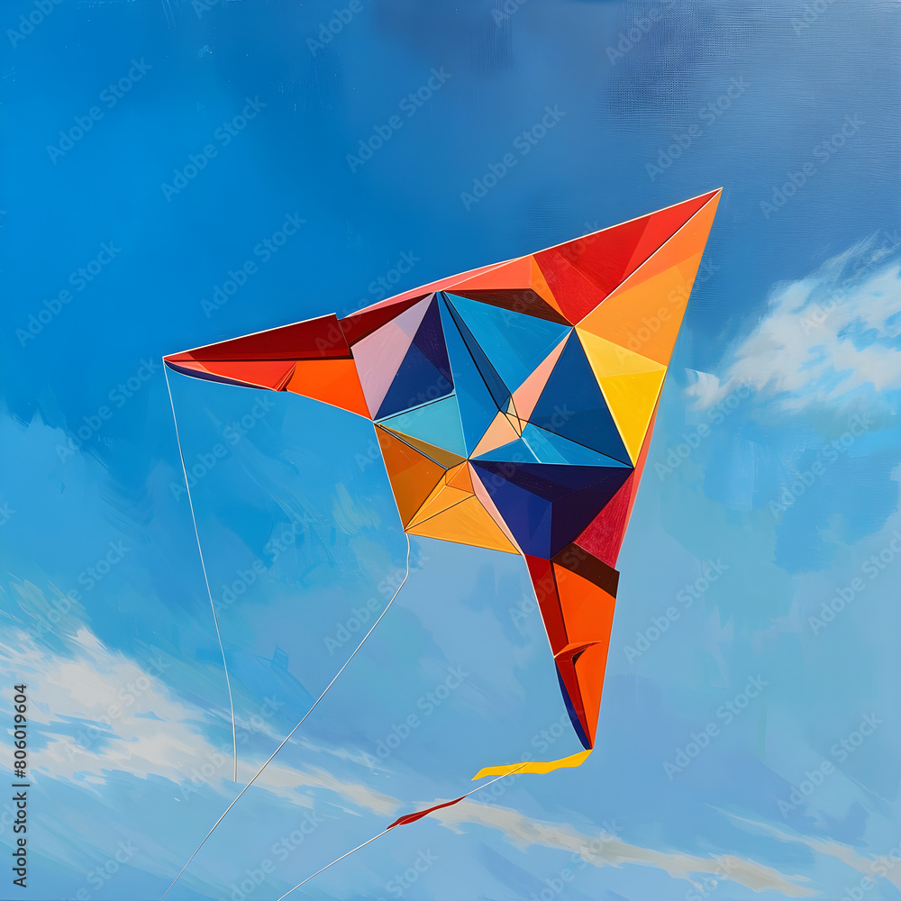 Vibrant Tetrahedron Kite Soaring in a Clear Blue Sky