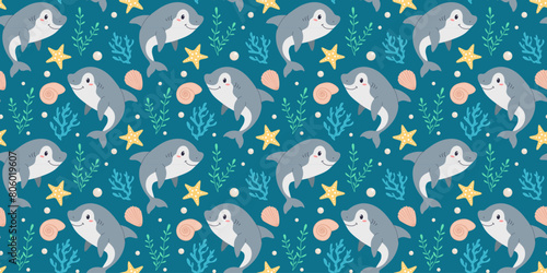 Seamless pattern with cute sharks, starfish, shells. Vector. Marine summer background. Trendy pattern in flat style, design for wrapping paper, wallpaper, stickers, notebook cover.