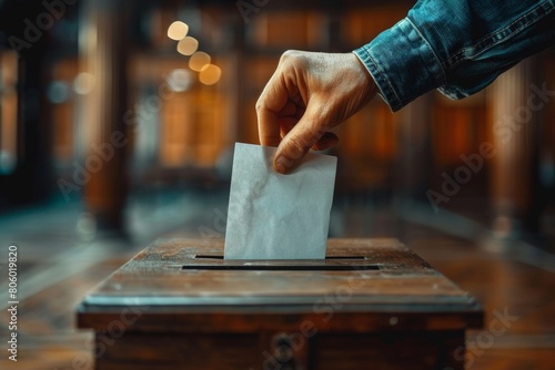 Voting at polling station: hand placing ballot in box