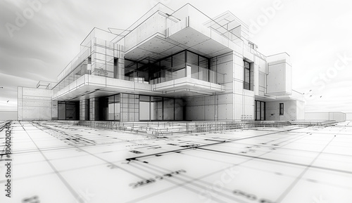 Architectural blueprint of buildings, 3D model of a modern building, illustration of a plan of mode residential building, technology, industry, business concept illustration, construction architecture © Sunshine Studio