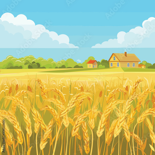 Golden wheat field ripe harvest, rural houses distance under blue sky. Countryside landscape, yellow wheat ears, farming scene, summer day. Farmhouse surrounded agricultural land, crops swaying