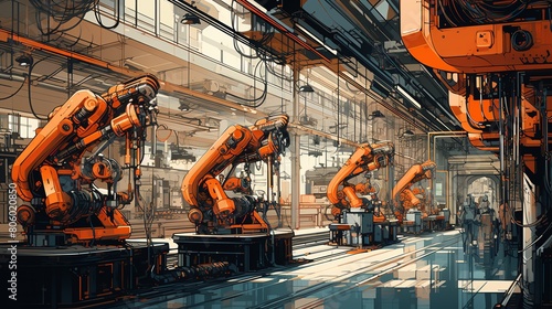 Robotic arms at work in a building, highlighted with orange photo